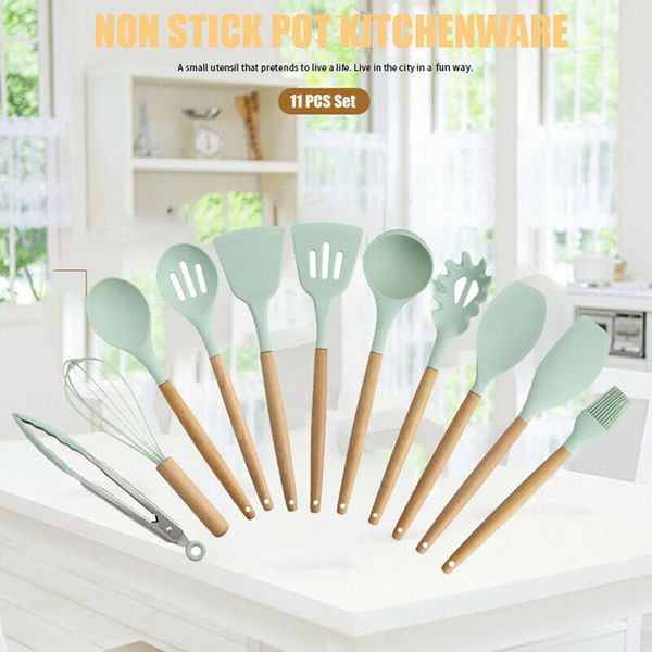 

2020 water green storage barrel wood handle silica gel kitchenware 11 piece non stick spatula kitchenware cooking set