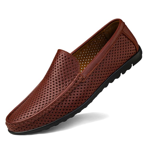

men's summer loafers shoes genuine leather soft man casual slip-on cutout shoes real cowhide summer loafers, Black