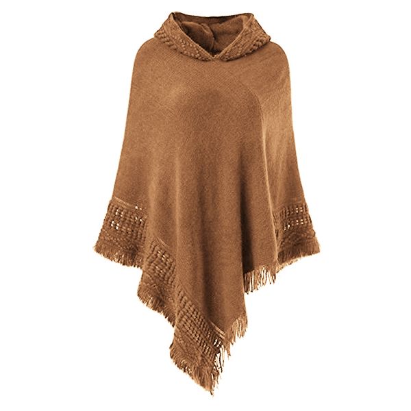 

autumn casual sweater womentassel hooded poncho cape knitted sweater loose pullover cloak poncho warm outwear coat jumper, Black