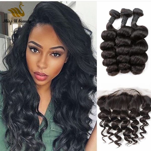 

loose wave hair bundles with frontal closure full head cuticle aligned hair 3 bundles with 1 frontal 13x4, Black