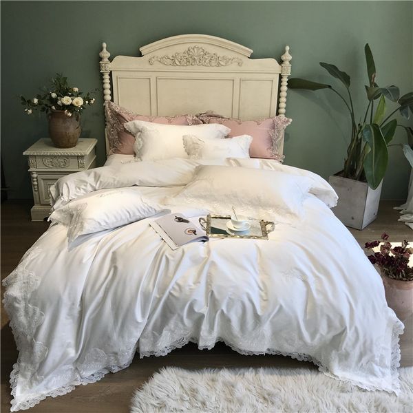 White Pink Princess Bedding Set Luxury Silky Egyptian Cotton Duvet