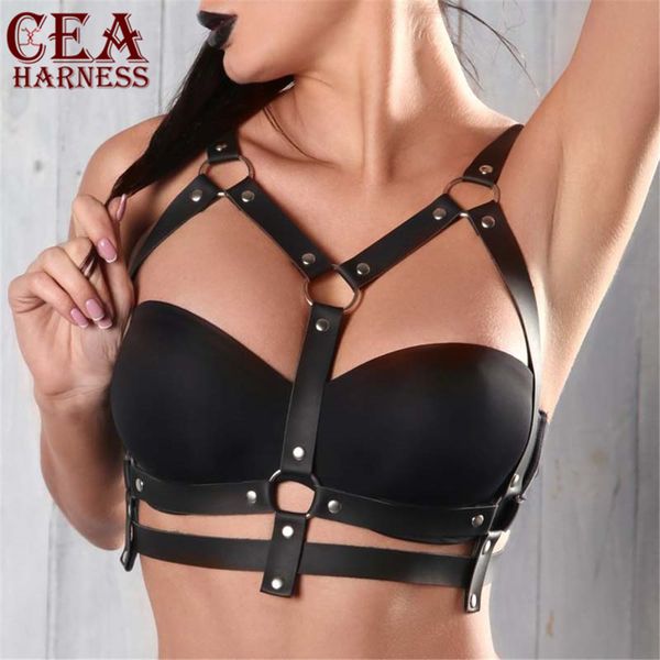 

cea.harness fashion punk goth bra leather harness belt body bondage adjustable chest straps black slim suspenders buckle top, Black;white