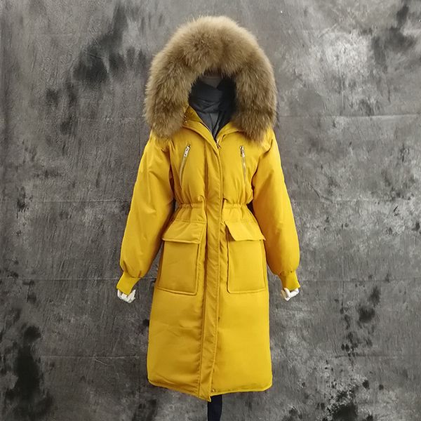 

2020 large real fur collar hooded long down parkas winter white duck down jacket loose overcoat female women coat snow outwear, Black