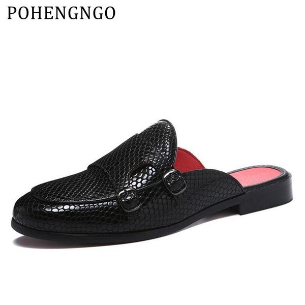 

summer fashion for men black snakeskin half slipper belt buckle sandals men's beach loafers lightweight non-slip flat slippe