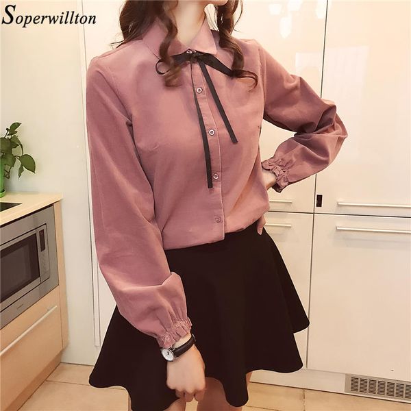 

corduroy shirt women long sleeve blouse office lady 2019 autumn elegant blusas feminina college korean trendy casual tie, White