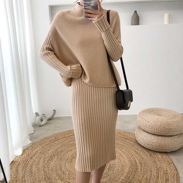 

women autumn new female mixed sweater suit pullover dress female autumn winter knitting two-piece suit sweater dress ka96, White