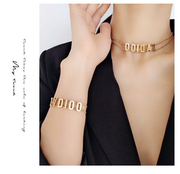 

fashion design jewelry vintage letter bracelet women double layer chain personality light luxury temperament net red collarbone necklace bra, Golden;silver