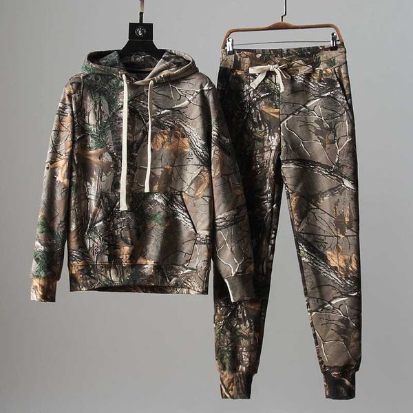 

male hooded brushed camouflage sweatsuit uniform suit spring autumn new sports 2 pieces hoodies + sweatpants cargo suit, Gray