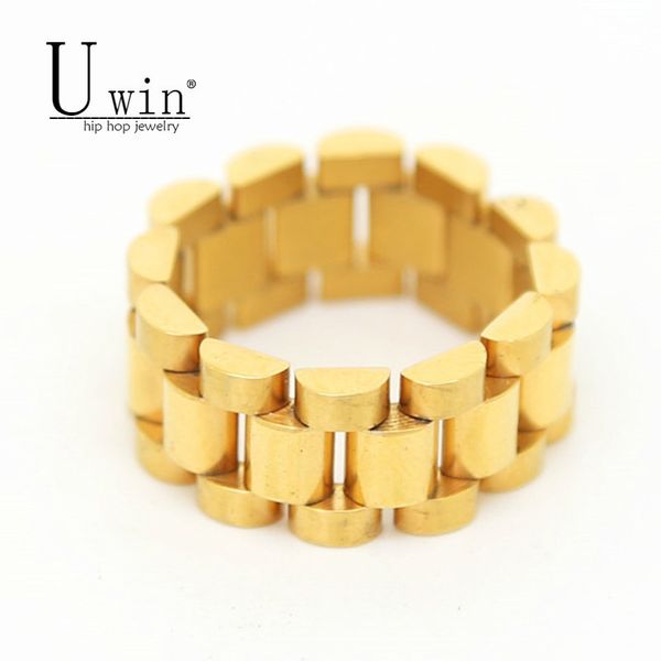 

uwin hip hop men stainless steel chain ring punk style gold silver three row watch strap golden rings fashion party jewelry c190420, Slivery;golden
