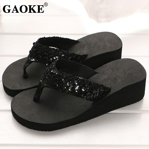 

new arrival women fashion platform mid heel flip flops beach sandals bowknot slippers shoes soft comfortable women summer shoes, Black