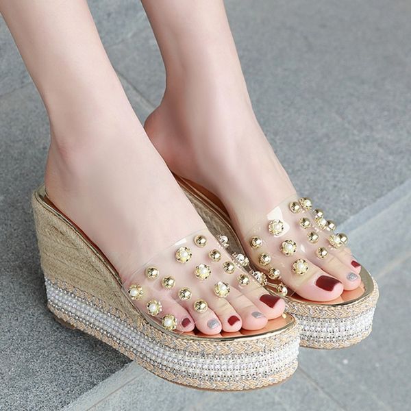 

glitter slides house slippers platform summer women's shoes on a wedge low pantofle fashion heeled mules jelly 2020, Black