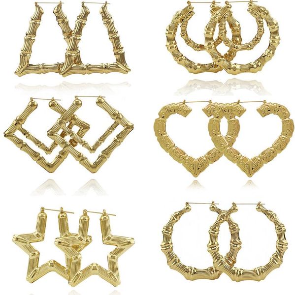 

hip hop bamboo hoop earrings for women western simple huggie earring exaggerated fashion jewelry, Golden;silver