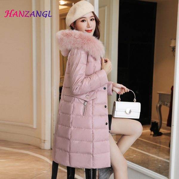 

hanzangl new 2019 winter women's leather down jacket korean version slim long fur collar fur coat women's clothing, Black