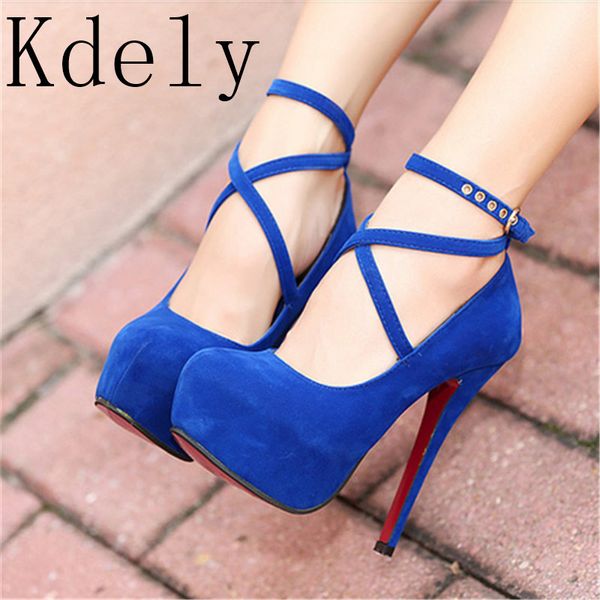 

shoes woman pumps cross-tied ankle strap wedding party shoes platform dress women high heels suede ladies big 42, Black