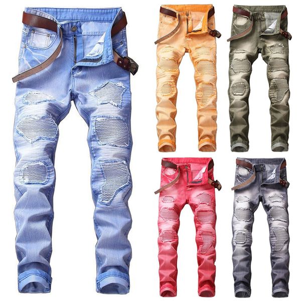 

men's jeans men skinny stretchy pant denim rip frayed casual bike long, Blue