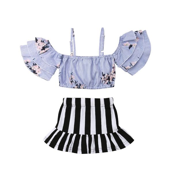 

2019 new summer girl clothing kids baby girls clothes sets floral off shoulder strap crop stripe skirts 2pcs outfits 2-7y, White