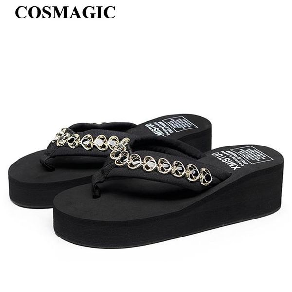 

cosmagic fashion black rhinestone flip flops wedge slippers 2019 new women summer platform crystal handmade high heel slide shoe