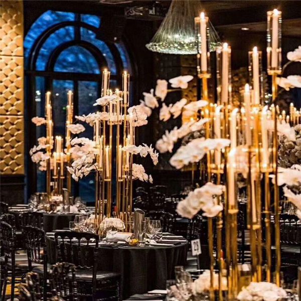 

10 heads metal candelabra candle holders road lead table centerpiece gold candelabrum stand pillar candlestick for weddin