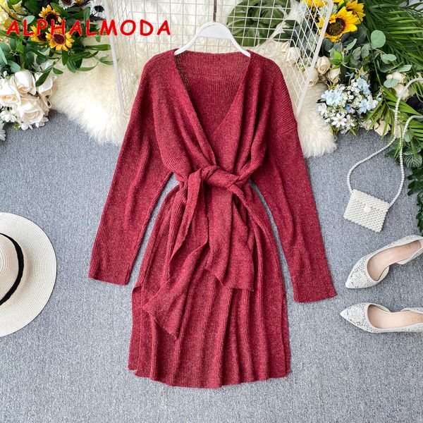 

alphalmoda 2019 autumn winter women fashion knitting dress long sleeved sashes tie ladies tidy knit vestidos, Black;gray