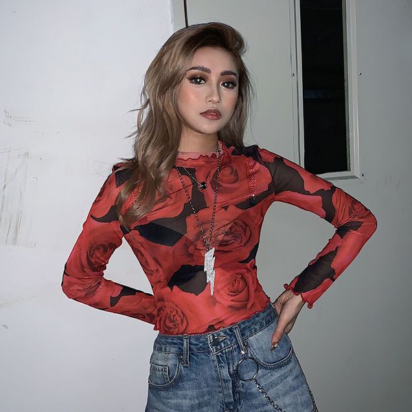 

women's t-shirt raisevern 2021 red rose print transparent t shirt women ruffled butterfly sleeve ladies club streetwear, White