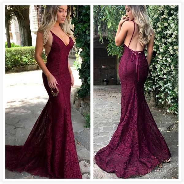 

девушки бургундия кружева русалка длинные платья выпускного вечера спагетти ремень спинки дешевые вечерние платья элегантные вечерние платья, Black