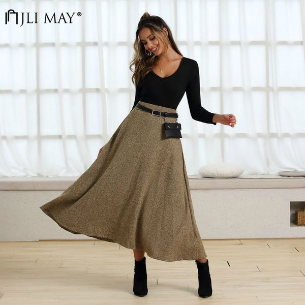 

jli may vintage solid pleated skirt autumn winter slim women high waist a-line mid-calf elegant office lady woollen skirts, Black
