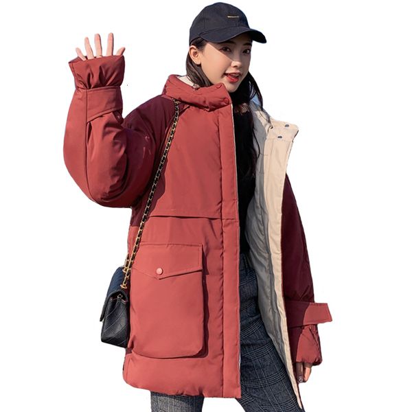 

new design of women's winter jacket in 2019 with cap and two large pockets loosening the warm overcoat of women's paka gown, Black