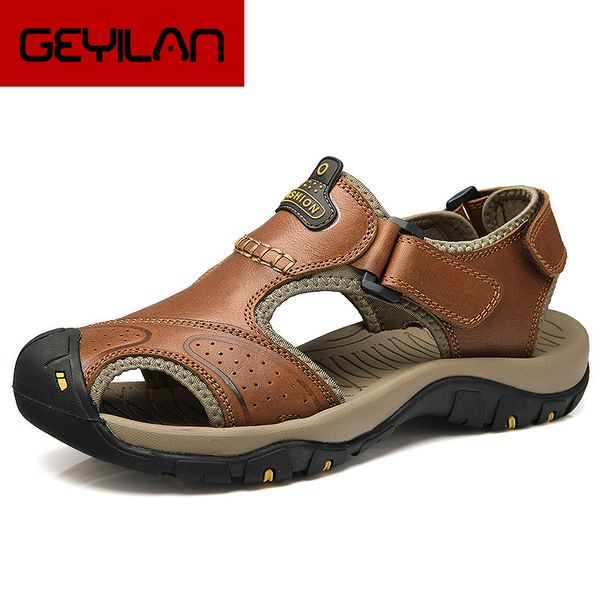 

men sandals genuine split leather men beach roman sandals brand casual shoes flip flops slippers sneakers summer shoes, Black
