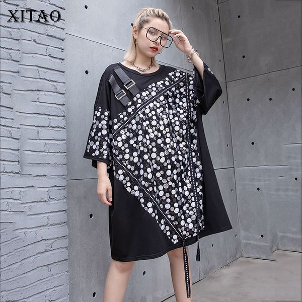 

xitao] 2019 new europe vintage casual patchwork wrist sleeve sequined o-neck fashion women summer knee-length dress zll3565, Black;gray