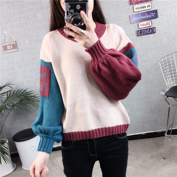 

autumn winter hedging loose pullove sweater loose casual women's fashion stitching design lantern sleeve sweaters, White;black