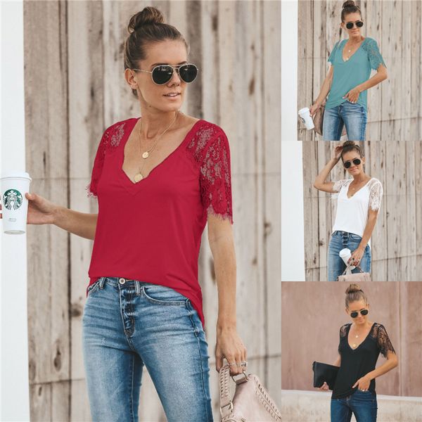 

dhl womens summer shirts casual tee deep v neck short sleeve lace loose fits tunic blouses, White