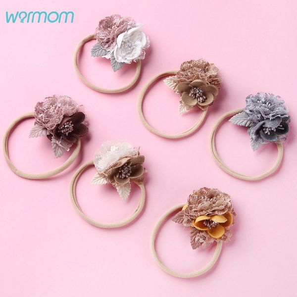 

warmom baby girls lace flower headband hair accessories newborn infant princess nylon elastic bandeau color matching headwear, Slivery;white