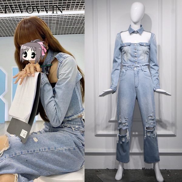 

2020 new denim short long-sleeve pockets zipper women's single breasted casual two-piece set hollow out streetwear a083, White