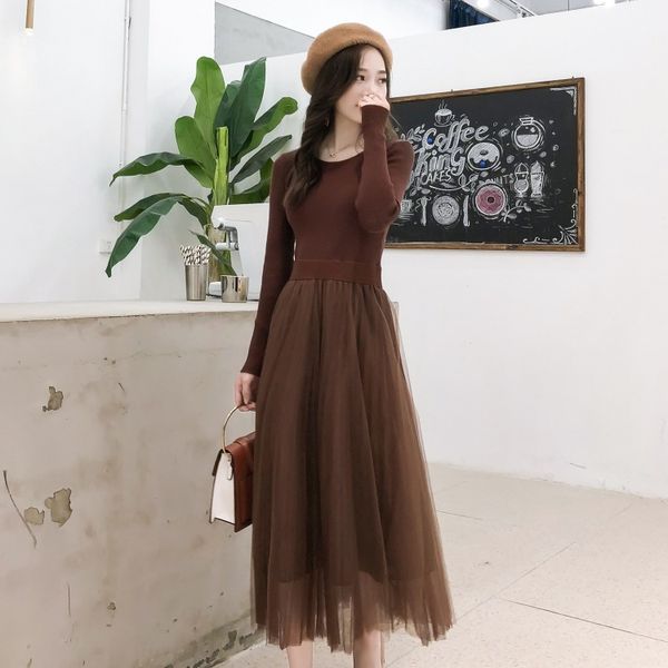 

2019 early spring new style waist hugging slimming gauze jersey dress laziness-style autumn and winter long sleeve base tutu, White;black