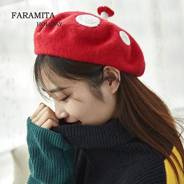 

faramita holiday little red mushroom women cute amazing winter kids girls beret hat cap french artist beanie hat cap for female, Blue;gray