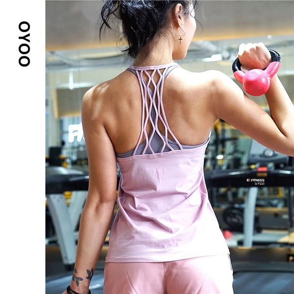 

oyoo 2019 cute backless lattice weave workout for women open back sleeveless gym tank sport femme pink yoga shirts, White;red