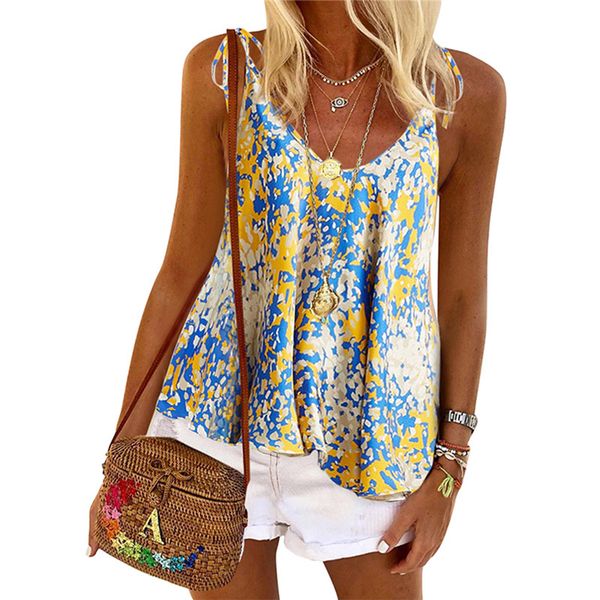 

2020 summer boho women vest sling casual beach tank fashion floral print loose v neck sleeveless holiday top, White