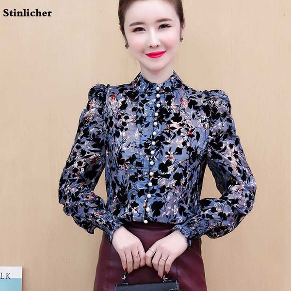 

women flowers chiffon shirt blouse long sleeve loose pearl button office work shirt elegant ladies casual female, White