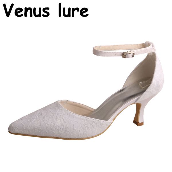 

wedopus pointed toe court shoes for women white lace with ankle strap 6.5cm heel, Black