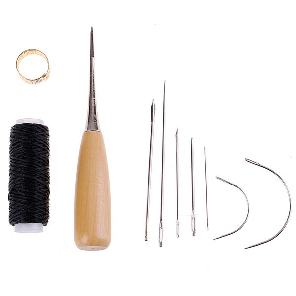 

1set leather sewing needles stitching awl needle thread thimble shoe repair tool, Black