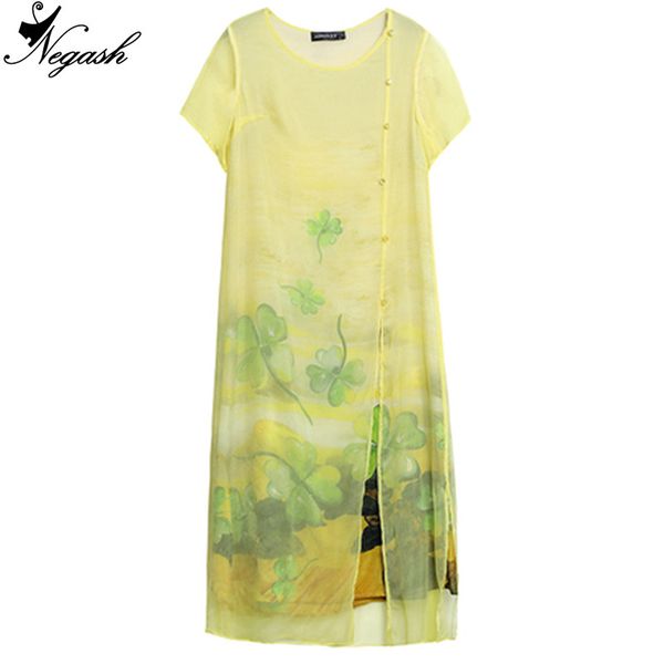 

2018 new summer mulberry silk dress plus size women irregular print dresses female retro high-grade party silk dress, Black;gray