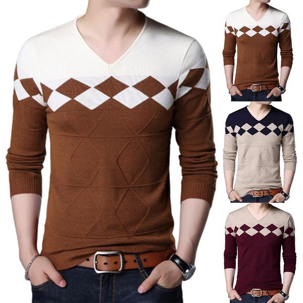 

chic sweater men knitwear fashion contrast color slim stretch pullover business casual long sleeve v-neck sweater, White;black