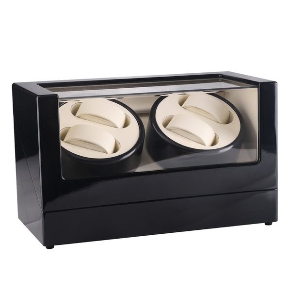 

us plug 4 slots wood clock casket watch winder box lacquer rotate slient motor display clock winder watch case new, Black;blue