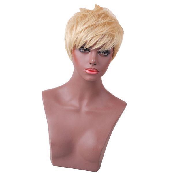 

chic short human hair blonde women pixie cut straight cosplay wigs 8 inch hairpiece, Black