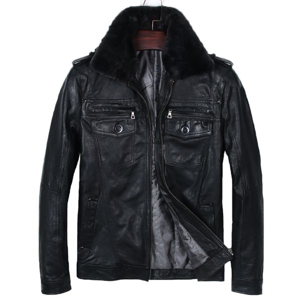 

2018 new men genuine leather jacket black vegetable tannin goatskin slim fit jackets fashion fur collar pocket winter coats