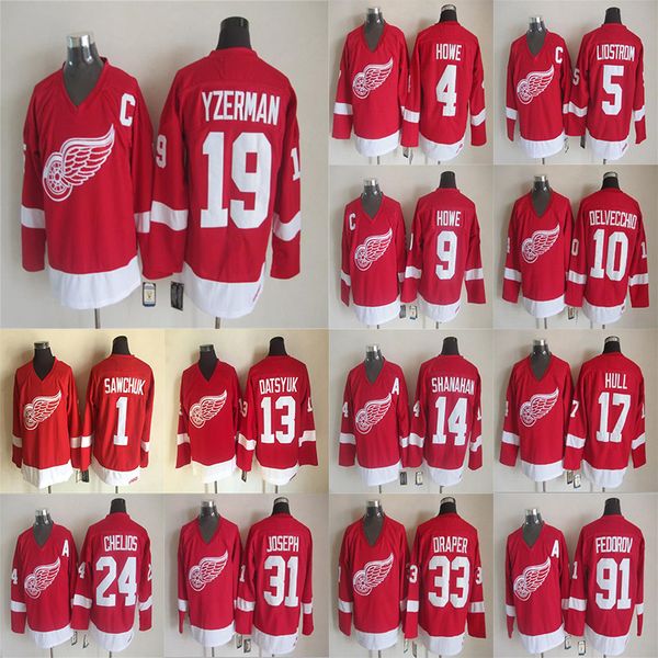 

detroit red wings 19 fedorov 9 gordie howe 13 pavel datsyuk 5 lidstrom hockey jersey ccm nhl jerseys, Black;red