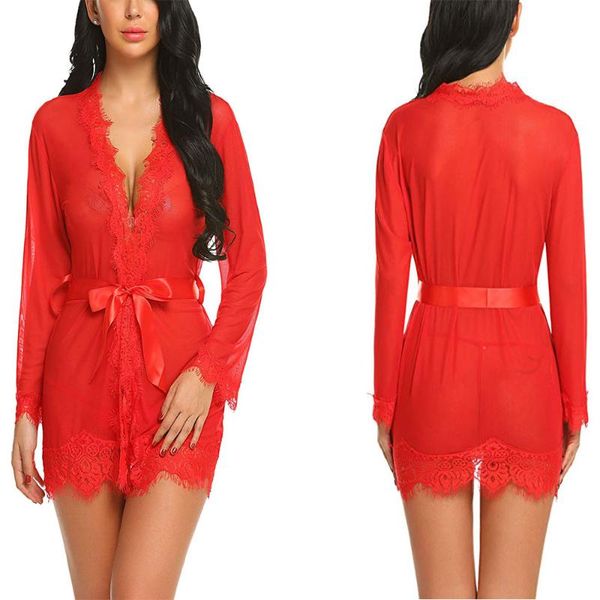 

lingerie robe +g string + belt women porno sleepwear lace mesh underwear babydoll erotic transparent dress, Black;red