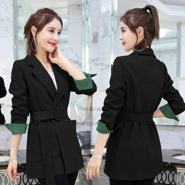

women spring autumn black belt blazer jacket, White;black