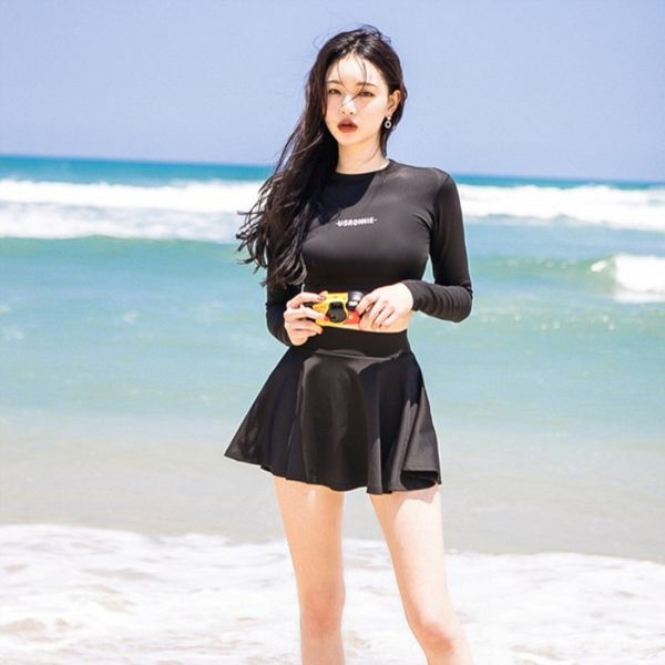

rbbmx split skirt women's sports long-sleeved sunscreen conservative small chest steel holder gathering body skirt swimsuit spring swim, White;black