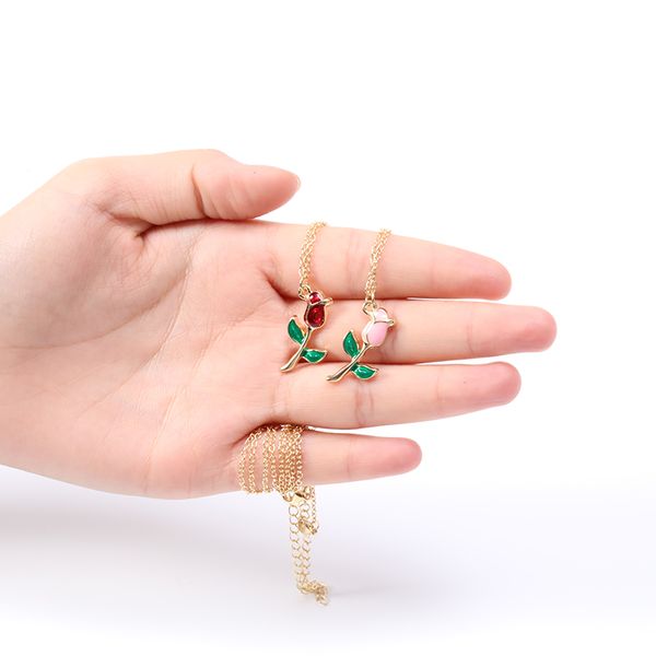 

30pcs cartoon colorful crimson or pink colors rose flower branch with green leaf pendant chain necklaces for women graduation gifts, Silver